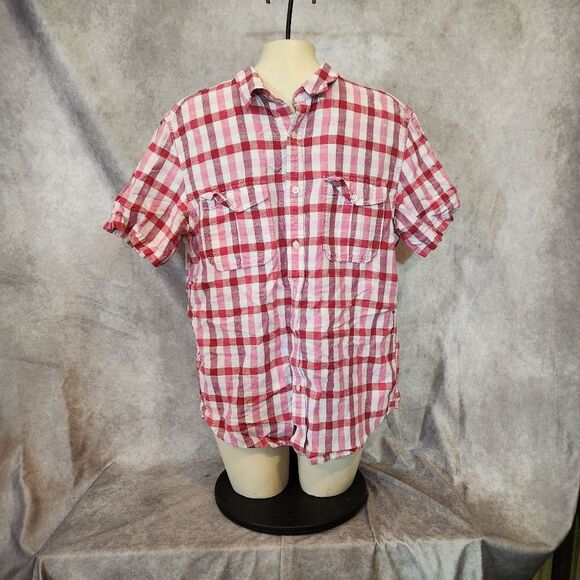 Men's Banana Republice Red Checkered Button Down Linen Blend Shirt Size Large - Picture 2 of 5